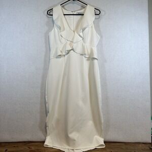 Lumier Ivory White Ruffle V-Neck Sleeveless Cascading Back Midi Dress